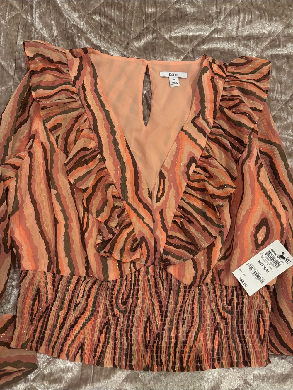 Bar III Pink Multi-Color Ruffled V-Neck Blouse - Picture 8 of 8